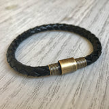 Men's Black Leather/Bronze Bracelet